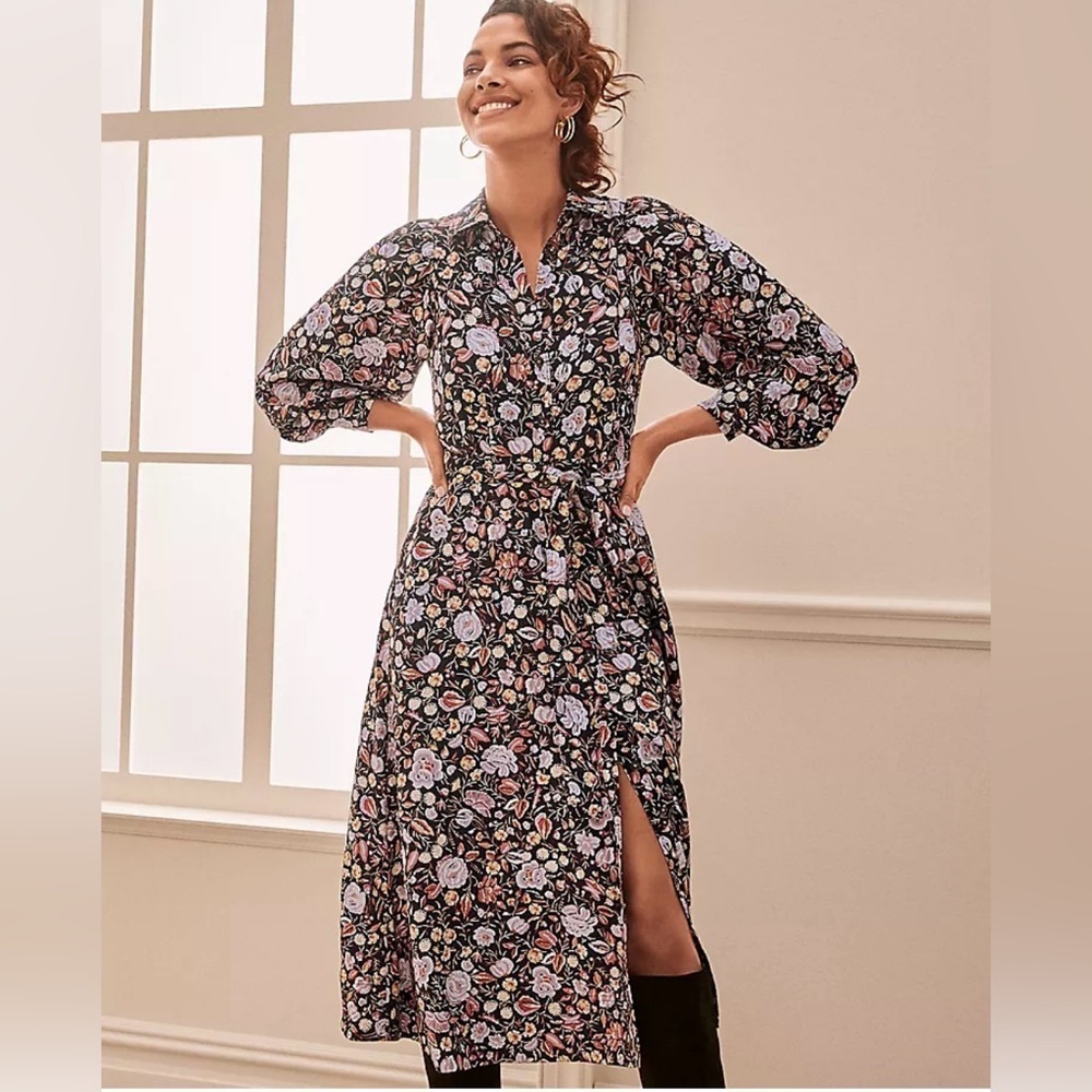 Ann Taylor Dark Floral Shirtdress Size 4 Midi Cottagecore Classic Black Multi